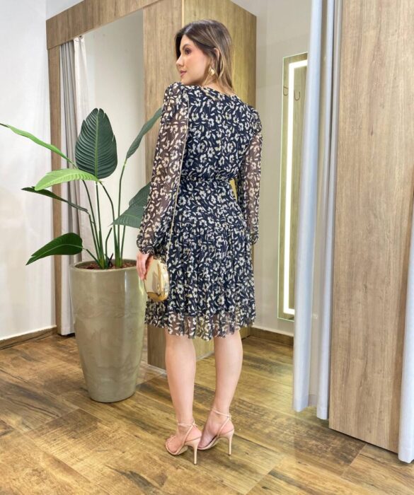 Vestido Feminino Curto Margarida Manga Longa Estampado Preto - Fernanda Ramos Store
