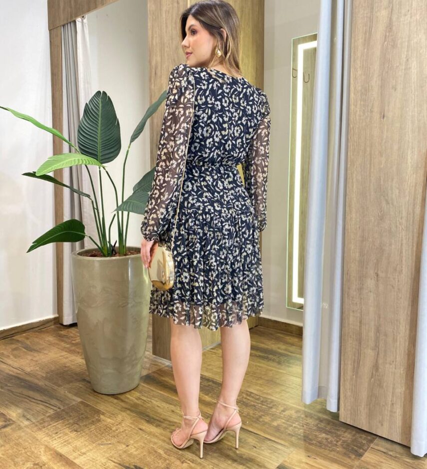 Vestido Feminino Curto Margarida Manga Longa Estampado Preto - Fernanda Ramos Store