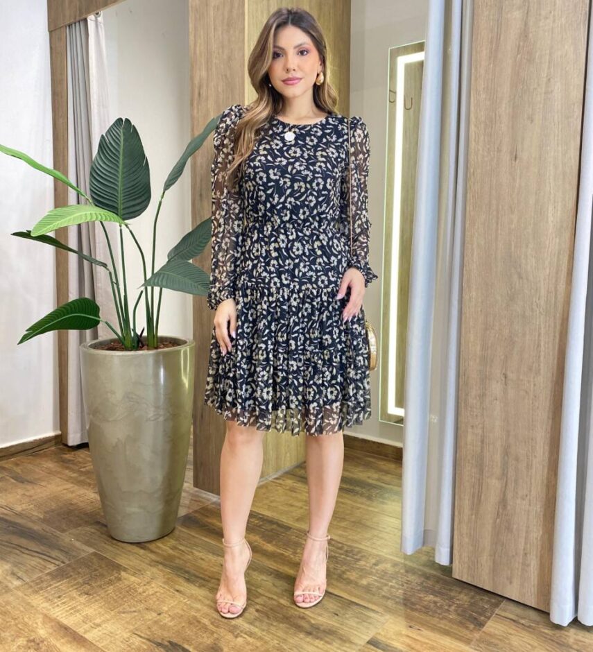 Vestido Feminino Curto Margarida Manga Longa Estampado Preto - Fernanda Ramos Store