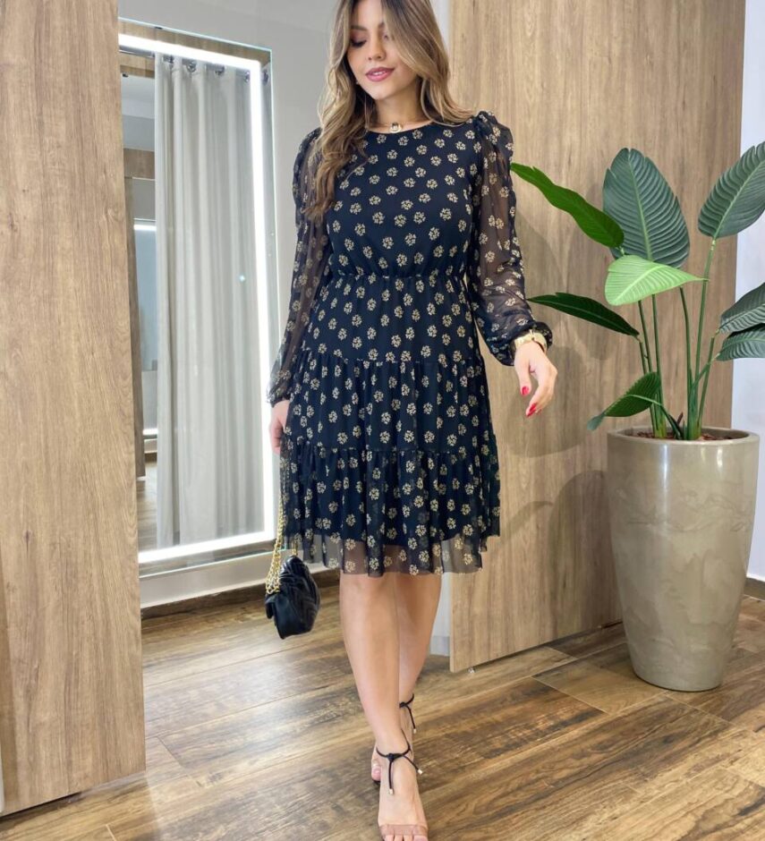 Vestido Feminino Curto Margarida Manga Longa Poá Flores - Fernanda Ramos Store