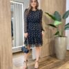 Vestido Feminino Curto Margarida Manga Longa Poá Flores - Fernanda Ramos Store