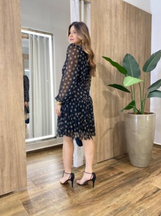 Vestido Feminino Curto Margarida Manga Longa Poá Flores - Fernanda Ramos Store