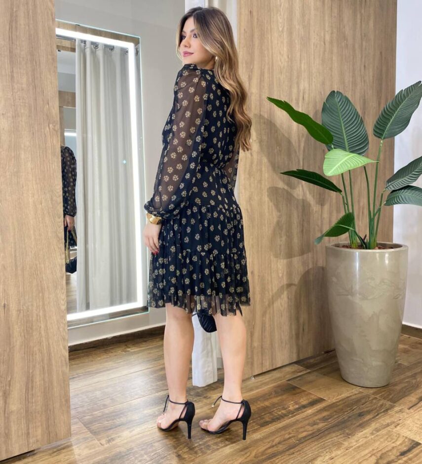 Vestido Feminino Curto Margarida Manga Longa Poá Flores - Fernanda Ramos Store