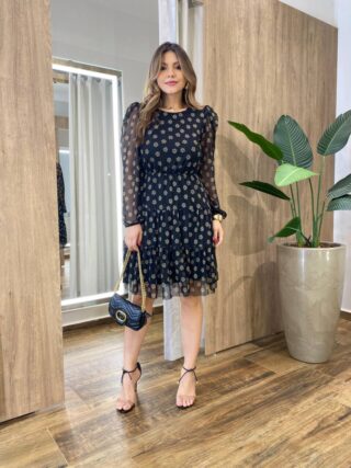 Vestido Feminino Curto Margarida Manga Longa Poá Flores - Fernanda Ramos Store