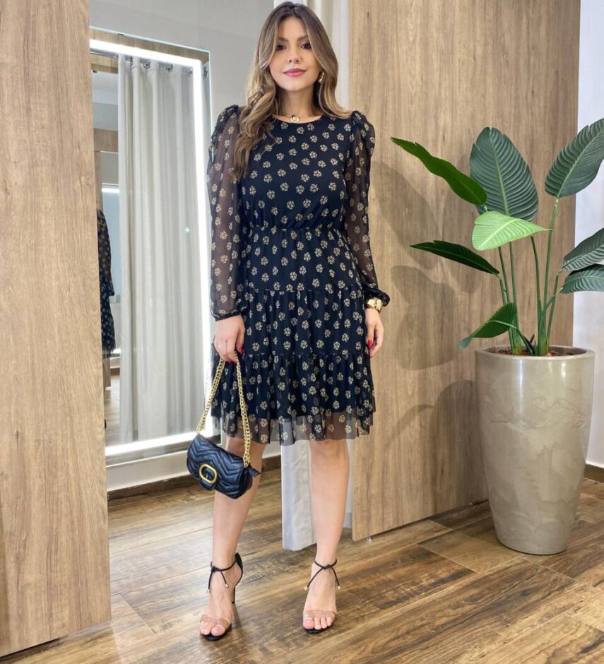 Vestido Feminino Curto Margarida Manga Longa Poá Flores - Fernanda Ramos Store