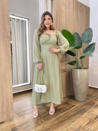Vestido Feminino Lara Longo sem Bojo Detalhes Poá Verde - Fernanda Ramos Store