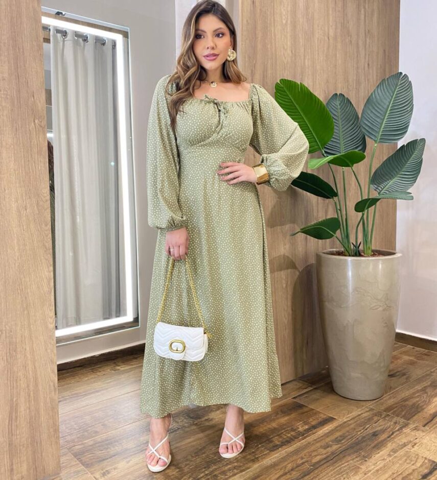 Vestido Feminino Lara Longo sem Bojo Detalhes Poá Verde - Fernanda Ramos Store