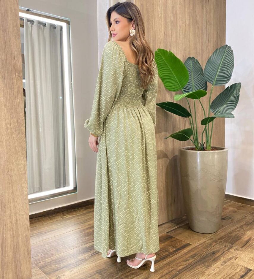 Vestido Feminino Lara Longo sem Bojo Detalhes Poá Verde - Fernanda Ramos Store