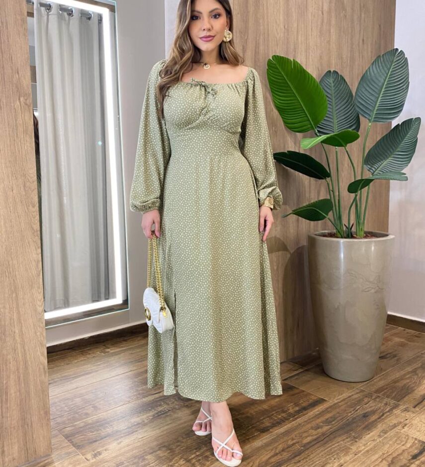 Vestido Feminino Lara Longo sem Bojo Detalhes Poá Verde - Fernanda Ramos Store