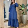 Vestido Feminino Longo Clara sem Bojo Manga Longa com Lastex Jeans - Fernanda Ramos Store