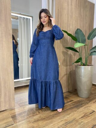 Vestido Feminino Longo Clara sem Bojo Manga Longa com Lastex Jeans - Fernanda Ramos Store