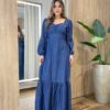 Vestido Feminino Longo Clara sem Bojo Manga Longa com Lastex Jeans - Fernanda Ramos Store