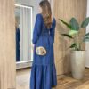 Vestido Feminino Longo Clara sem Bojo Manga Longa com Lastex Jeans - Fernanda Ramos Store