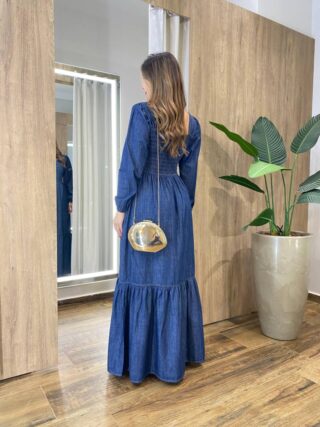 Vestido Feminino Longo Clara sem Bojo Manga Longa com Lastex Jeans - Fernanda Ramos Store