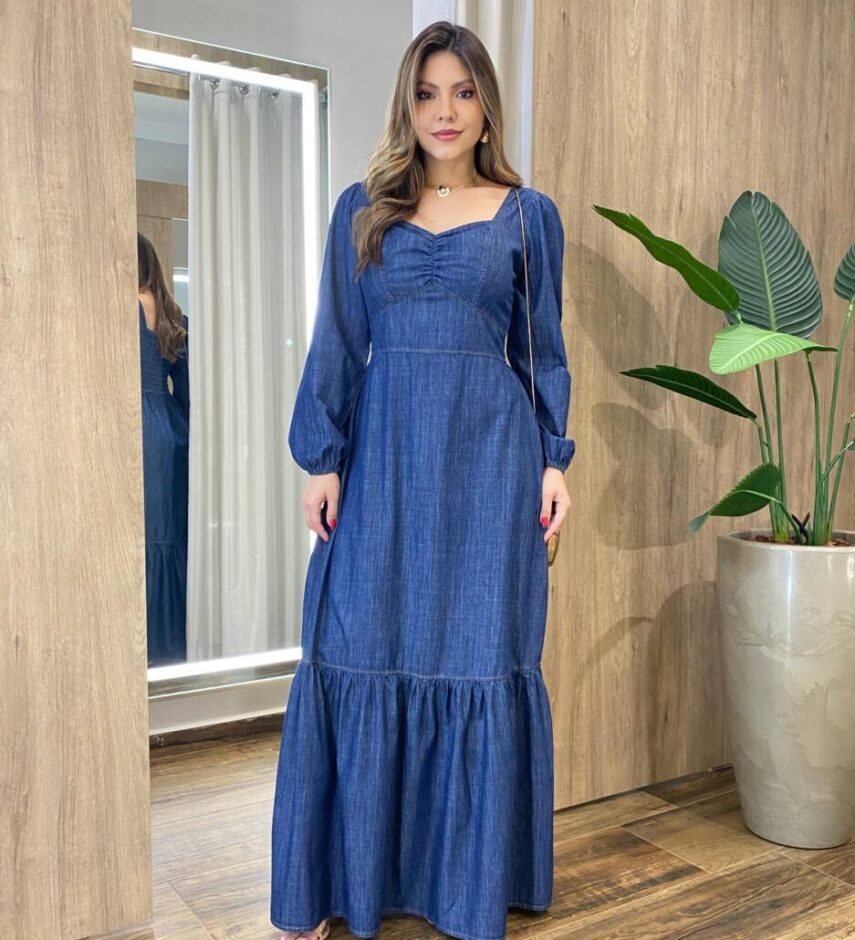 Vestido Feminino Longo Clara sem Bojo Manga Longa com Lastex Jeans - Fernanda Ramos Store