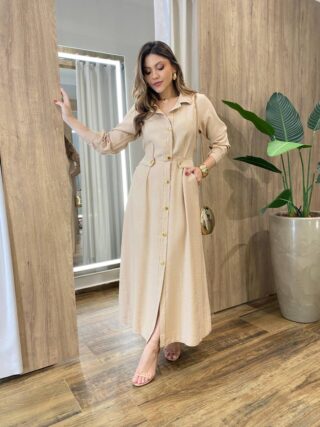 Vestido Feminino Longo Sabrina sem Bojo com Detalhes e Bolsos Bege - Fernanda Ramos Store