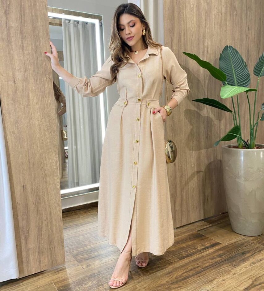 Vestido Feminino Longo Sabrina sem Bojo com Detalhes e Bolsos Bege - Fernanda Ramos Store