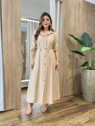 Vestido Feminino Longo Sabrina sem Bojo com Detalhes e Bolsos Bege - Fernanda Ramos Store