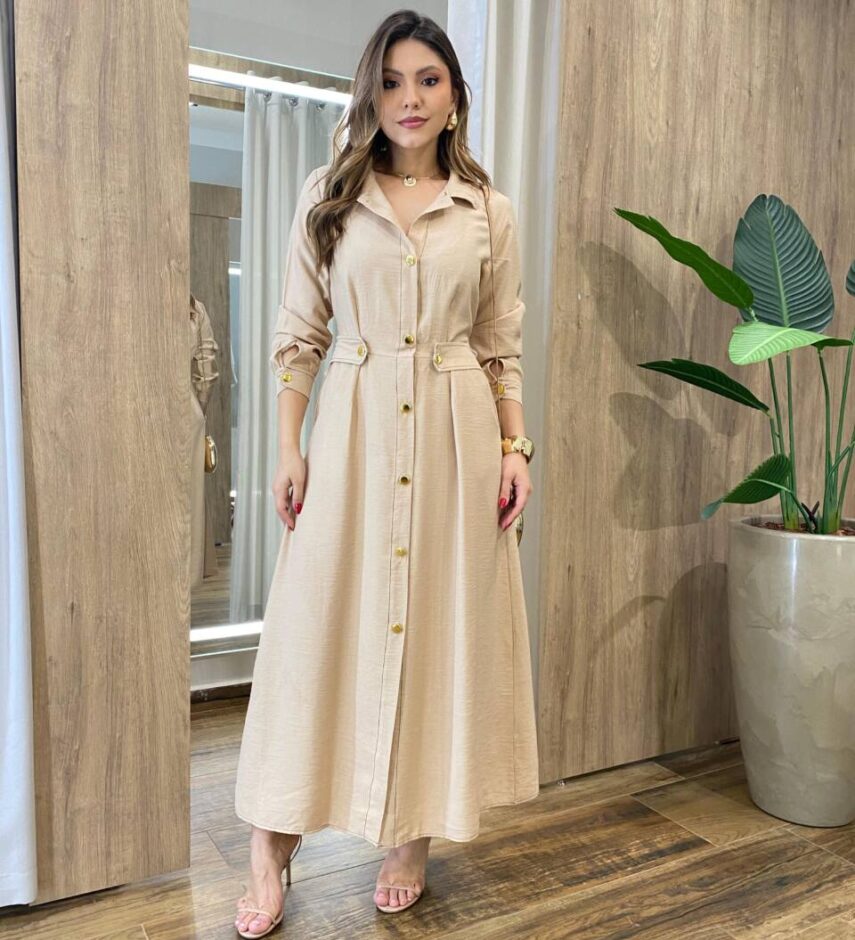 Vestido Feminino Longo Sabrina sem Bojo com Detalhes e Bolsos Bege - Fernanda Ramos Store