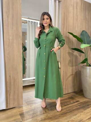 Vestido Feminino Longo Sabrina sem Bojo com Detalhes e Bolsos Verde - Fernanda Ramos Store