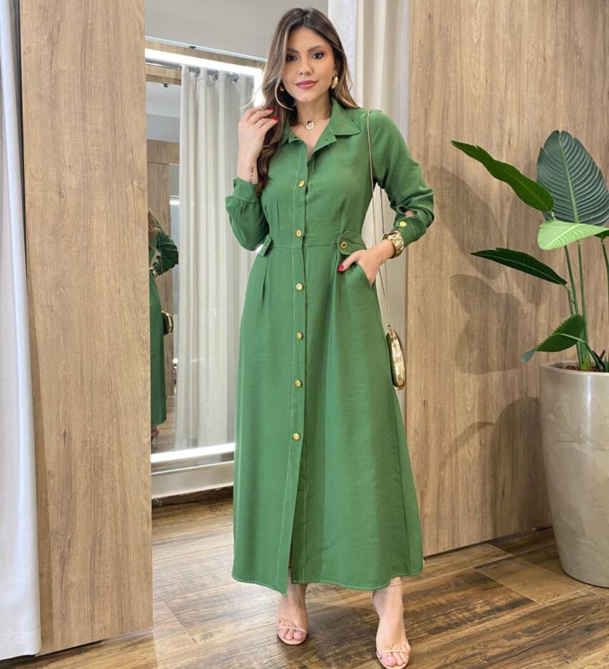 Vestido Feminino Longo Sabrina sem Bojo com Detalhes e Bolsos Verde - Fernanda Ramos Store