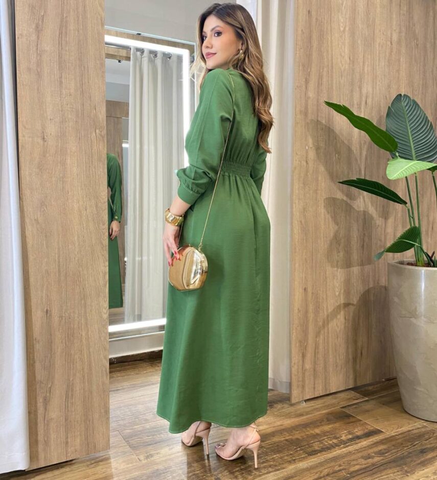 Vestido Feminino Longo Sabrina sem Bojo com Detalhes e Bolsos Verde - Fernanda Ramos Store