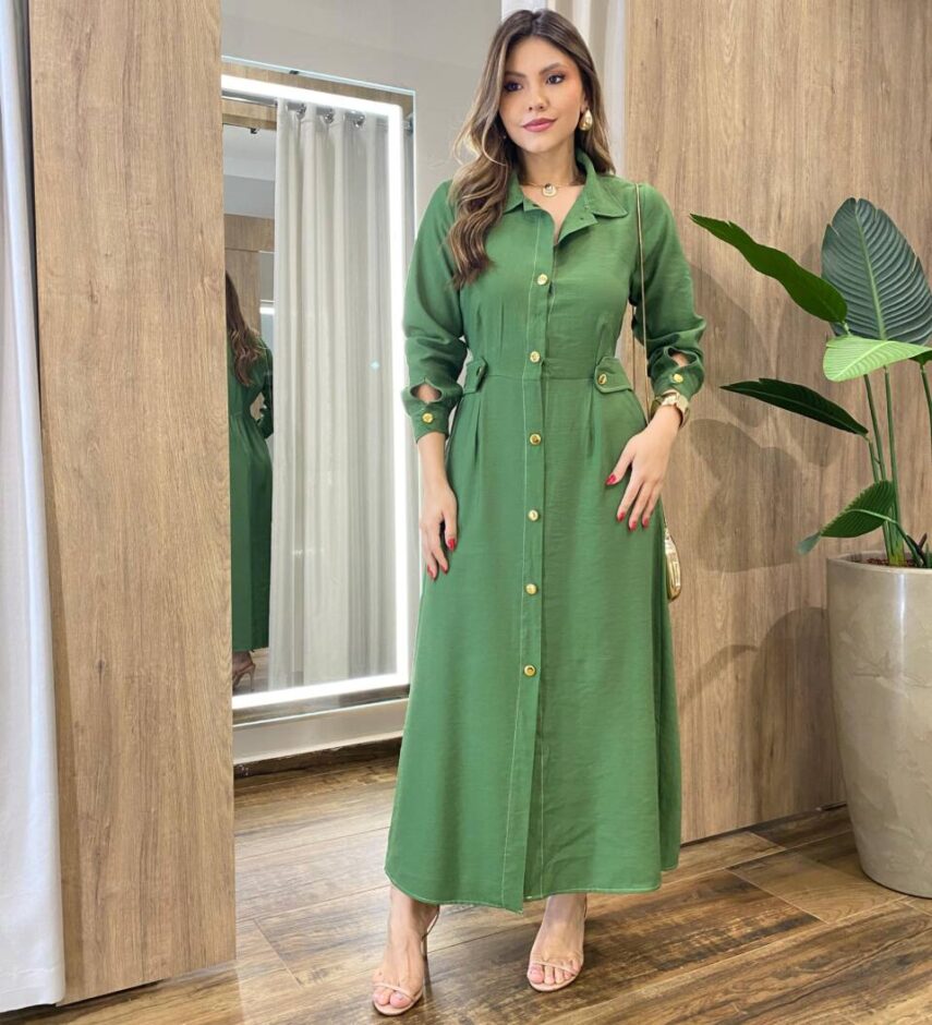 Vestido Feminino Longo Sabrina sem Bojo com Detalhes e Bolsos Verde - Fernanda Ramos Store