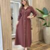 Vestido Feminino Longo Sabrina sem Bojo com Detalhes e Bolsos Marrom - Fernanda Ramos Store