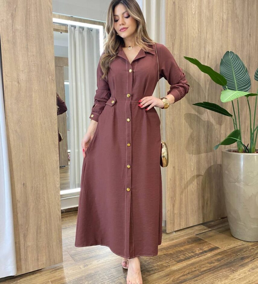 Vestido Feminino Longo Sabrina sem Bojo com Detalhes e Bolsos Marrom - Fernanda Ramos Store