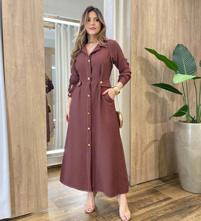 Vestido Feminino Longo Sabrina sem Bojo com Detalhes e Bolsos Marrom - Fernanda Ramos Store