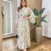 Vestido Feminino Longo sem Bojo Manga Longa Tule Estampado Creme - Fernanda Ramos Store
