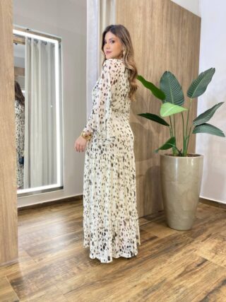 Vestido Feminino Longo sem Bojo Manga Longa Tule Estampado Creme - Fernanda Ramos Store