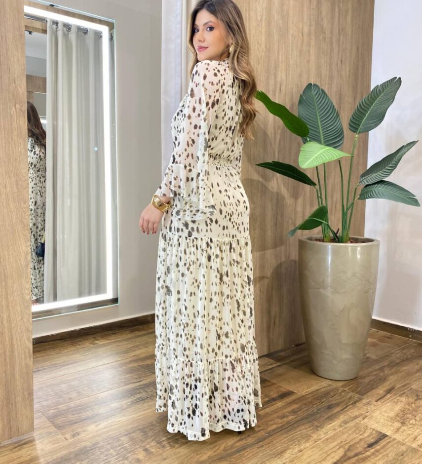 Vestido Feminino Longo sem Bojo Manga Longa Tule Estampado Creme - Fernanda Ramos Store