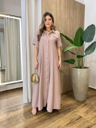 Vestido Longo Izzie sem Bojo Manga Curta Detalhes em Botões Bege - Fernanda Ramos Store