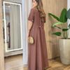 Vestido Longo Izzie sem Bojo Manga Curta Detalhes em Botões Marrom - Fernanda Ramos Store