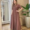 Vestido Longo Izzie sem Bojo Manga Curta Detalhes em Botões Marrom - Fernanda Ramos Store