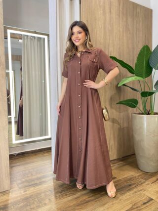 Vestido Longo Izzie sem Bojo Manga Curta Detalhes em Botões Marrom - Fernanda Ramos Store