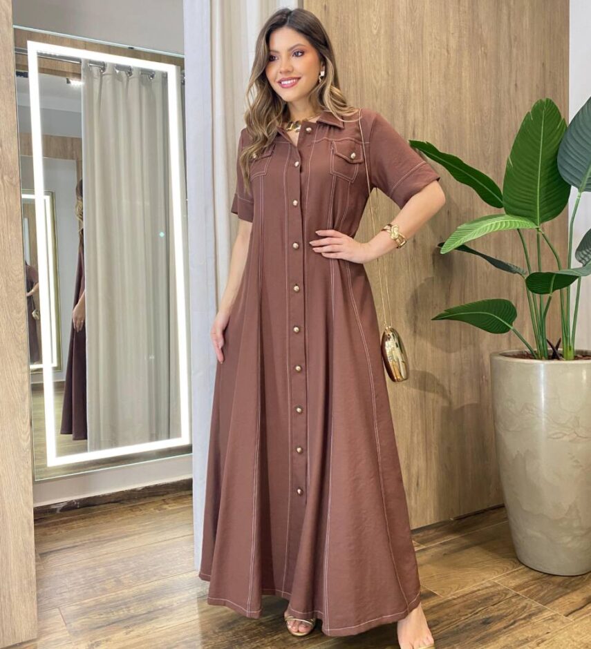 Vestido Longo Izzie sem Bojo Manga Curta Detalhes em Botões Marrom - Fernanda Ramos Store
