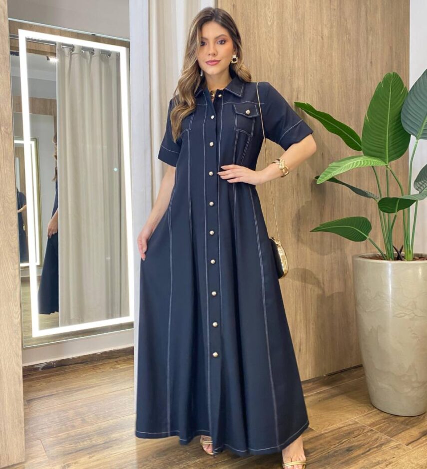 Vestido Longo Izzie sem Bojo Manga Curta Detalhes em Botões Preto - Fernanda Ramos Store