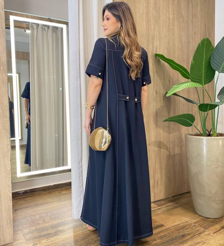 Vestido Longo Izzie sem Bojo Manga Curta Detalhes em Botões Preto - Fernanda Ramos Store