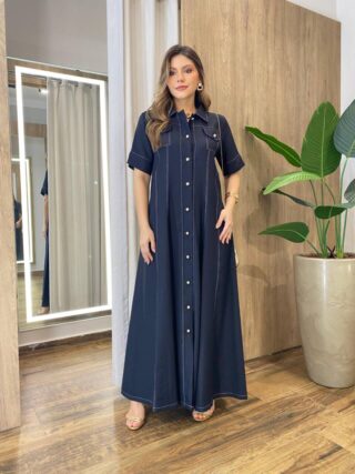 Vestido Longo Izzie sem Bojo Manga Curta Detalhes em Botões Preto - Fernanda Ramos Store