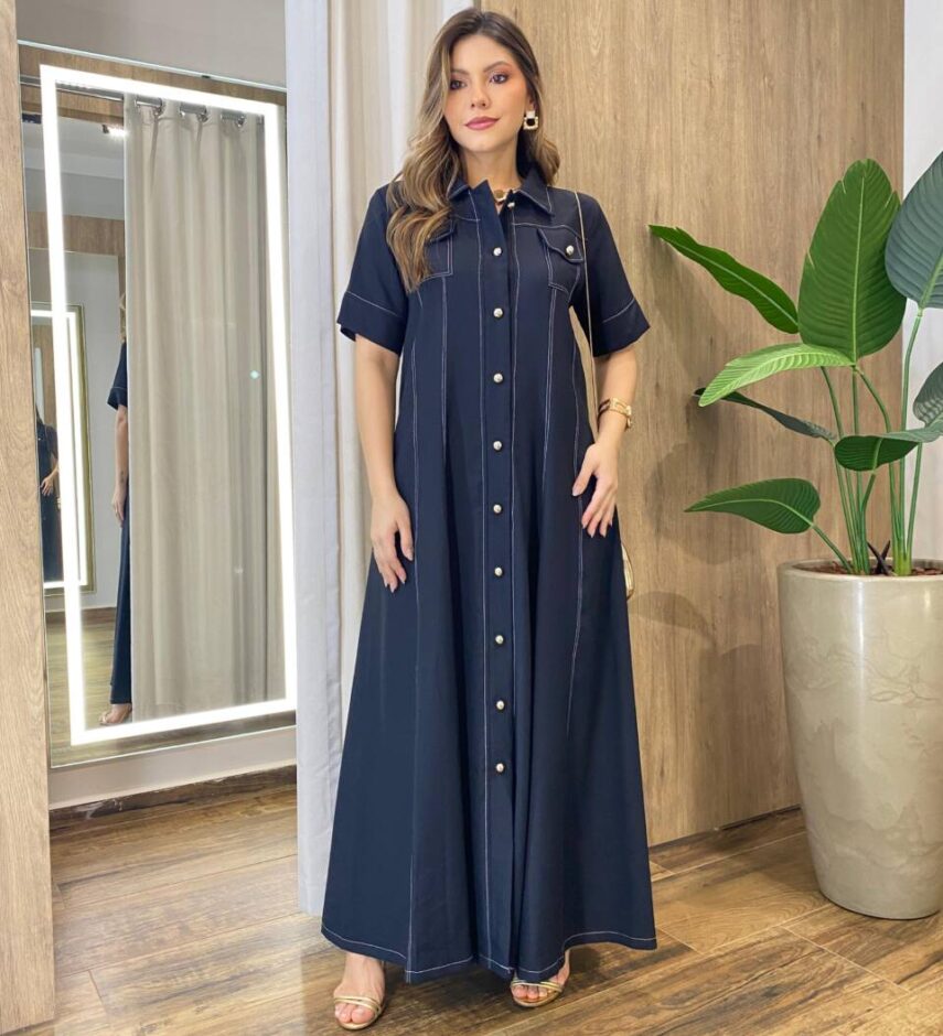 Vestido Longo Izzie sem Bojo Manga Curta Detalhes em Botões Preto - Fernanda Ramos Store