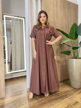 Vestido Longo Izzie sem Bojo Manga Curta Detalhes em Botões Marrom - Fernanda Ramos Store