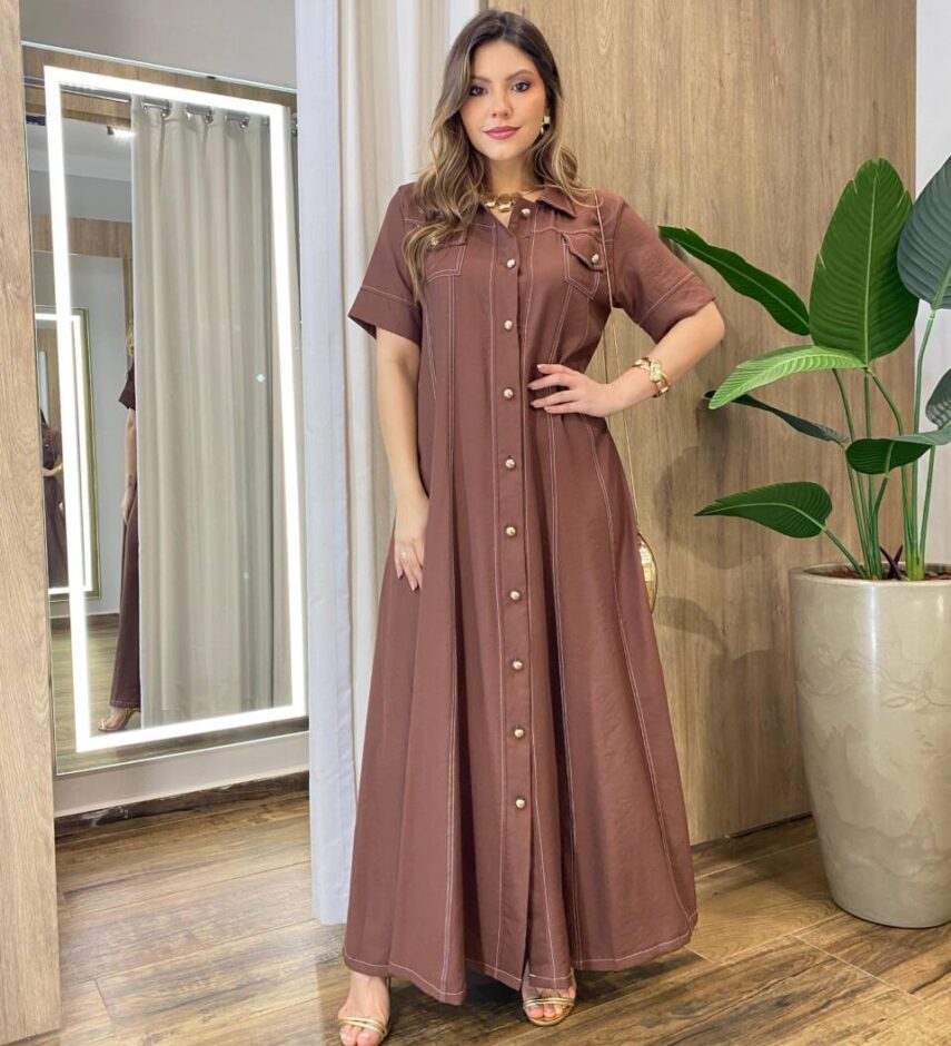Vestido Longo Izzie sem Bojo Manga Curta Detalhes em Botões Marrom - Fernanda Ramos Store