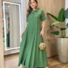 Vestido Longo Izzie sem Bojo Manga Curta Detalhes em Botões Verde - Fernanda Ramos Store