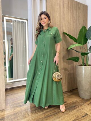 Vestido Longo Izzie sem Bojo Manga Curta Detalhes em Botões Verde - Fernanda Ramos Store