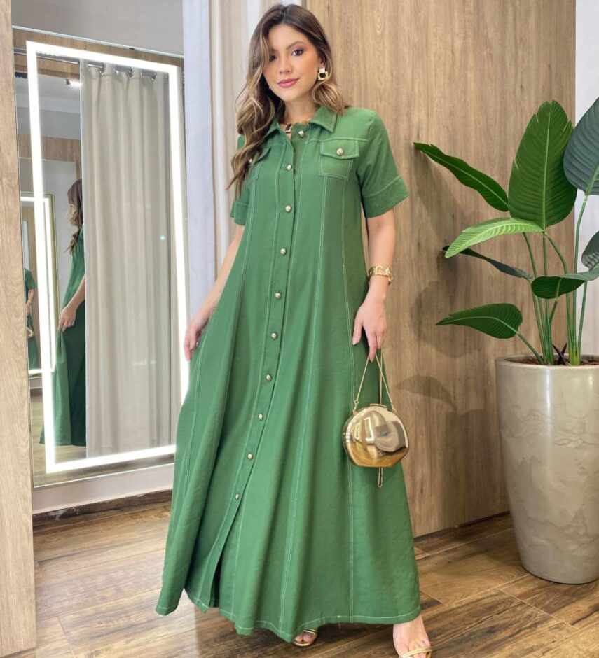 Vestido Longo Izzie sem Bojo Manga Curta Detalhes em Botões Verde - Fernanda Ramos Store