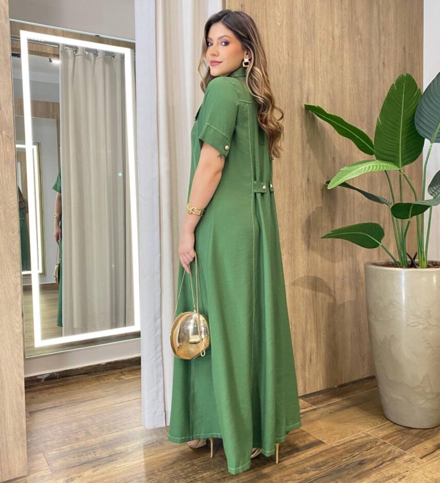 Vestido Longo Izzie sem Bojo Manga Curta Detalhes em Botões Verde - Fernanda Ramos Store