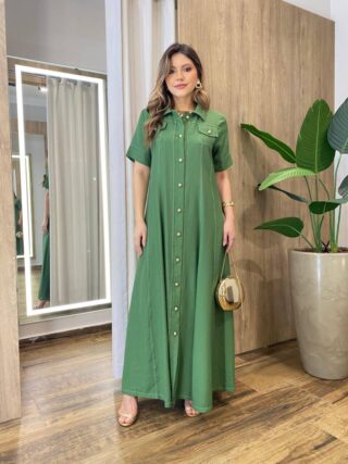 Vestido Longo Izzie sem Bojo Manga Curta Detalhes em Botões Verde - Fernanda Ramos Store