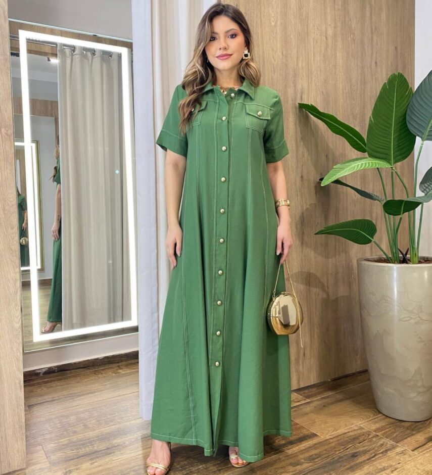 Vestido Longo Izzie sem Bojo Manga Curta Detalhes em Botões Verde - Fernanda Ramos Store